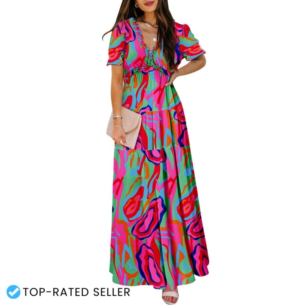 Boho Floral Maxi Dress V-Neck Short Sleeve Ruched Cocktail Wedding Party